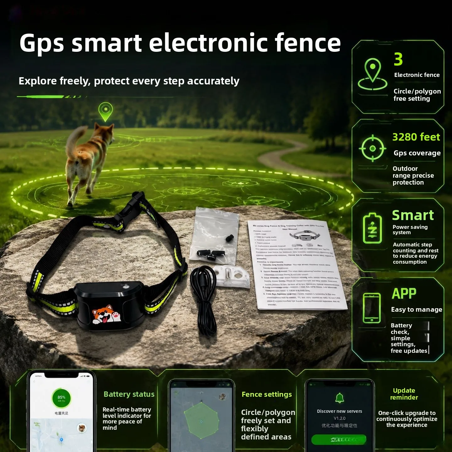 Rechargeable GPS electronic fence, wireless training collar, can customize the border through the App