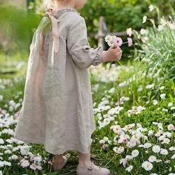 Autumn Rustic Style Girls Long-Sleeved Linen Dress 2023 New Children's Wooden Ear Collar Back Ties Casual Loose Princess Dresses