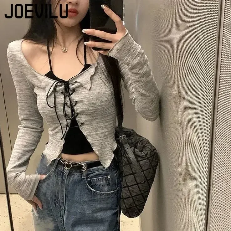 Cross Strap Top Halter Shirts 2 Piece Sets Chic Long Sleeve Sunscreen Shirt Y2k Casual Thin Cardigan Women\'s High Street Blouses