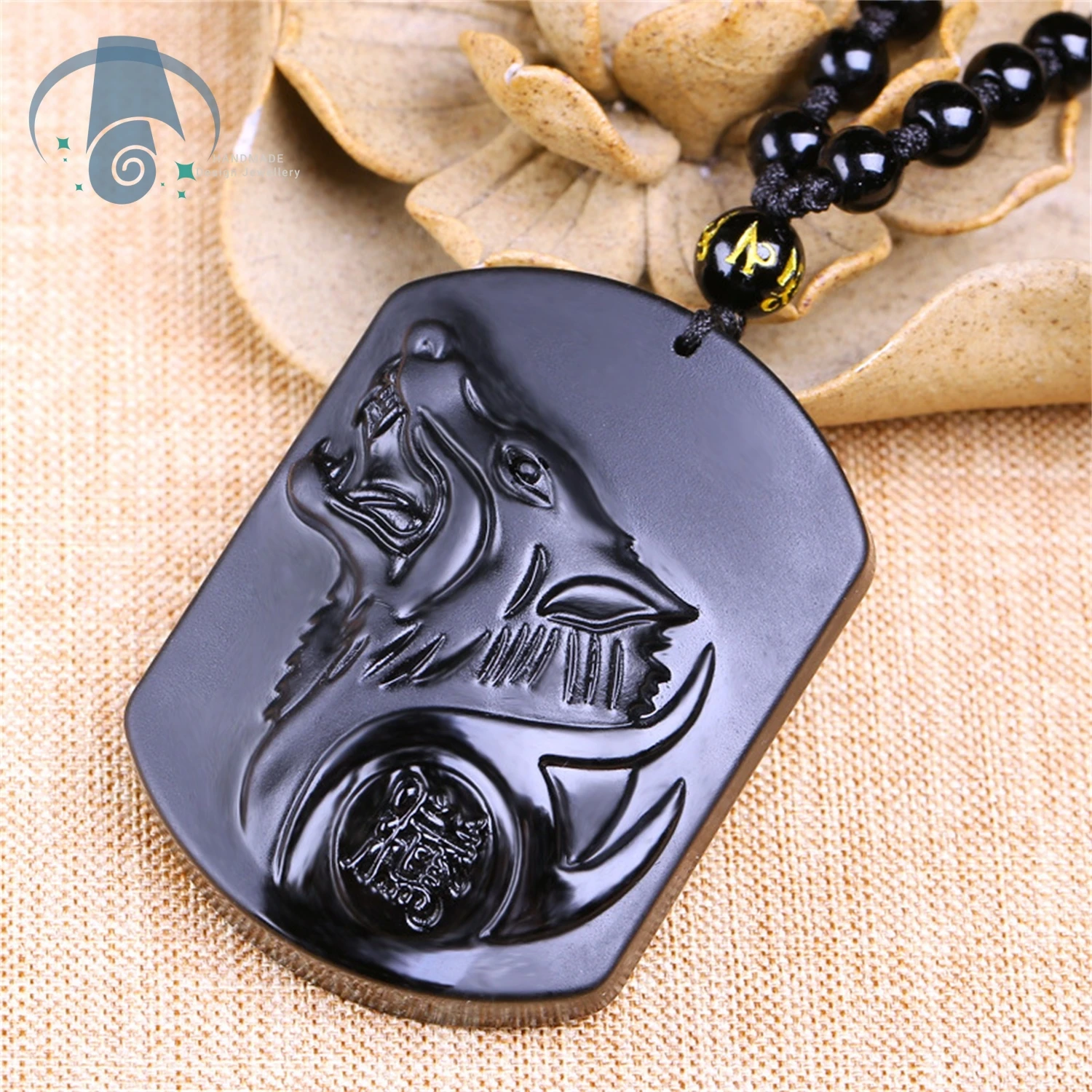 Natural Obsidian Wolf Head Pendant Zodiac Dragon Soaring Four Seas Necklace Sweater Chain Powerful Men's and Women's Accessories