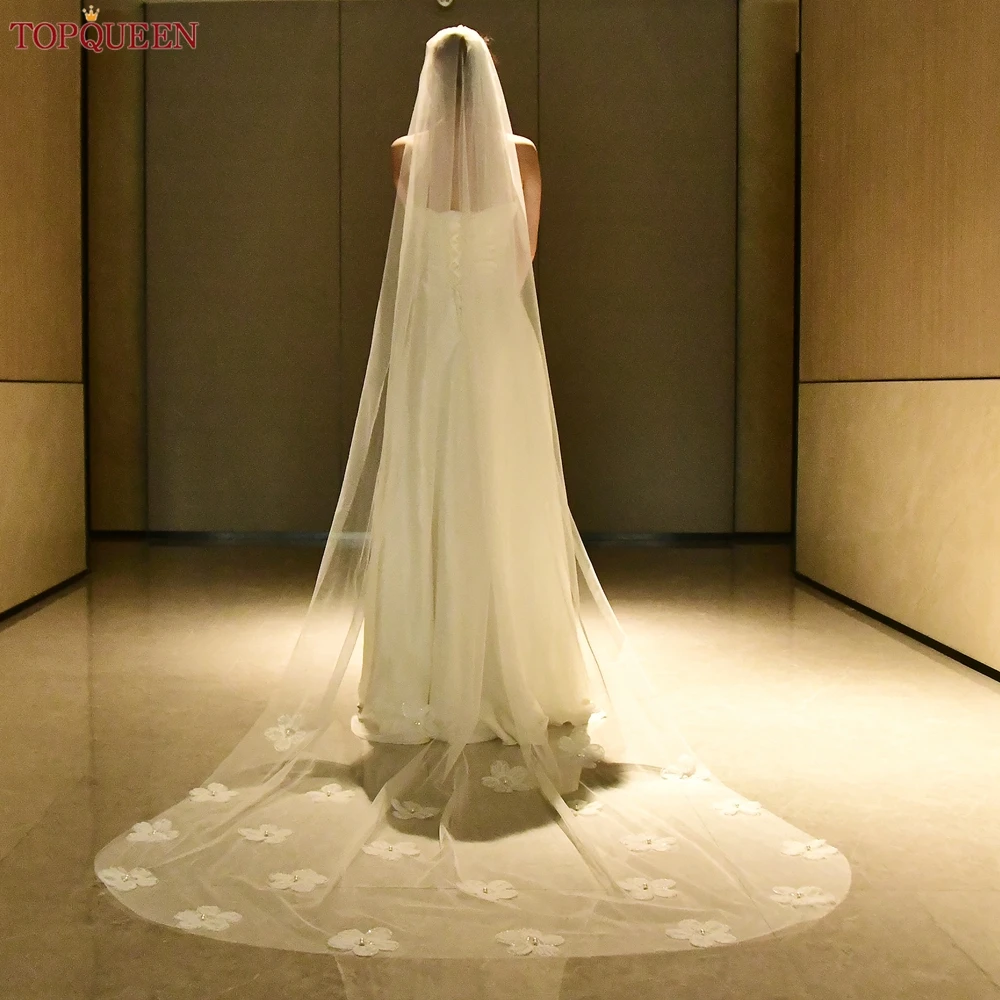 

TOPQUEEN 3D Flowers Wedding Veil Long Bridal Veils 2024 Cathedral Style Cascading 3D Organza Flower Bridal Illusion Tulle V202