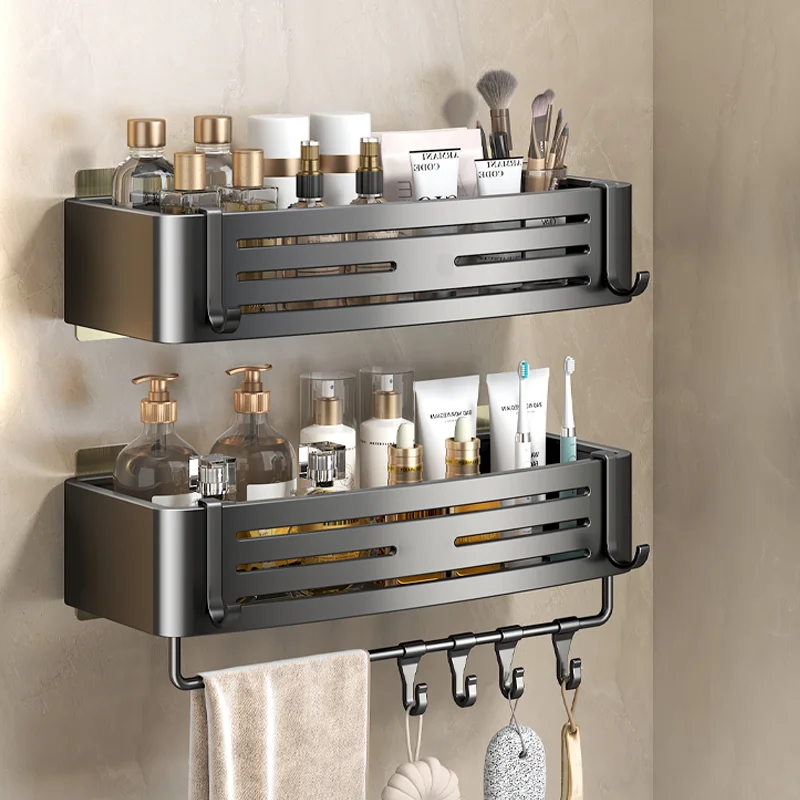 Aluminum Bathroom Shelves Wall Towel Rack Mounted Shower Caddy With No Drilling Shower Organizer Bathroom Storage Accessories