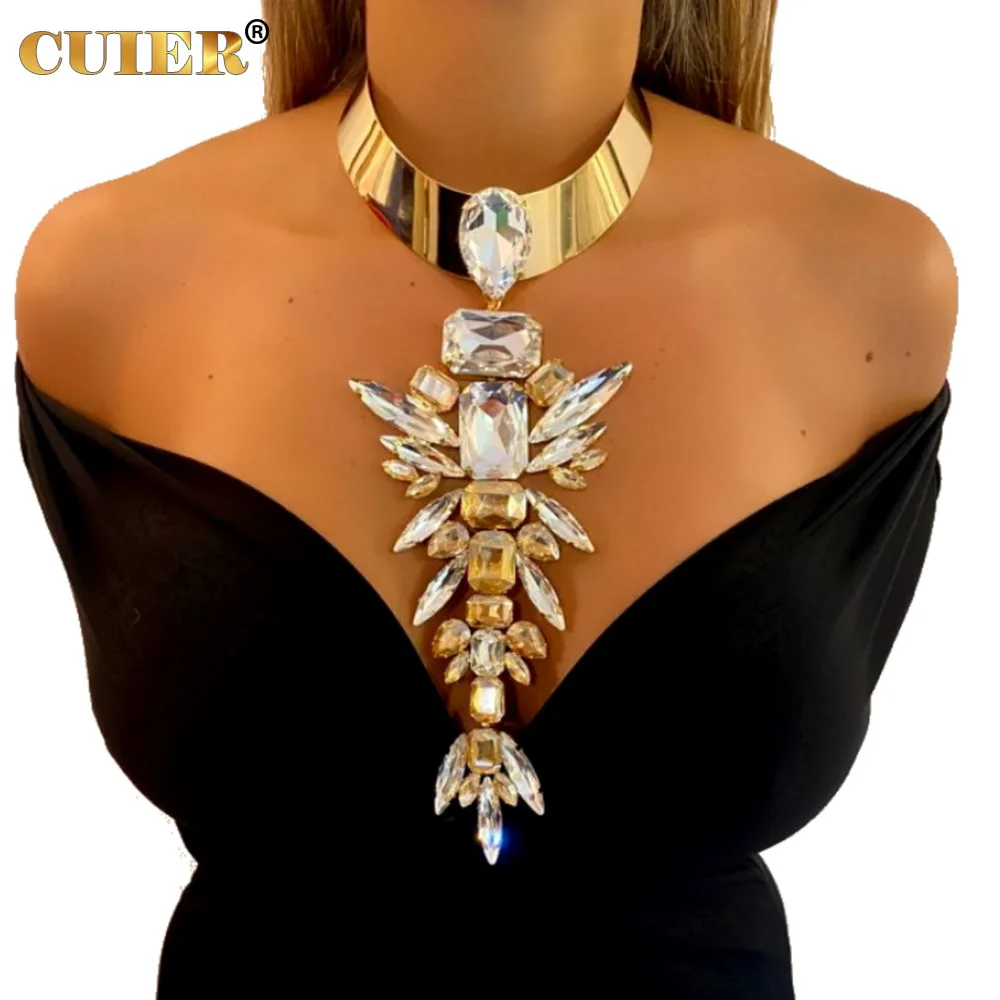 

CUIER длинный кулон в стиле панк, ожерелье, преувеличенный большой размер, стеклянный драгоценный камень, блестящие ювелирные изделия, фестиваль, шоу, колье, металлический аксессуар