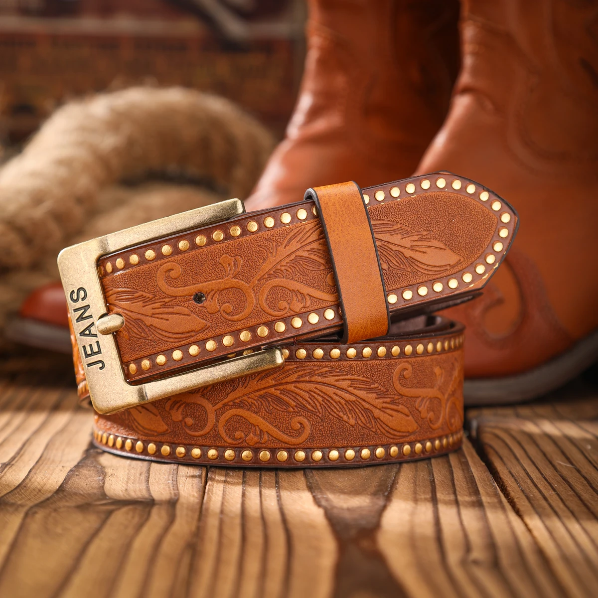 1 Piece Casual Retro PU Embossed Belt Suitable for Both Men and Women, with a Western Cowboy Style and Button Fastening