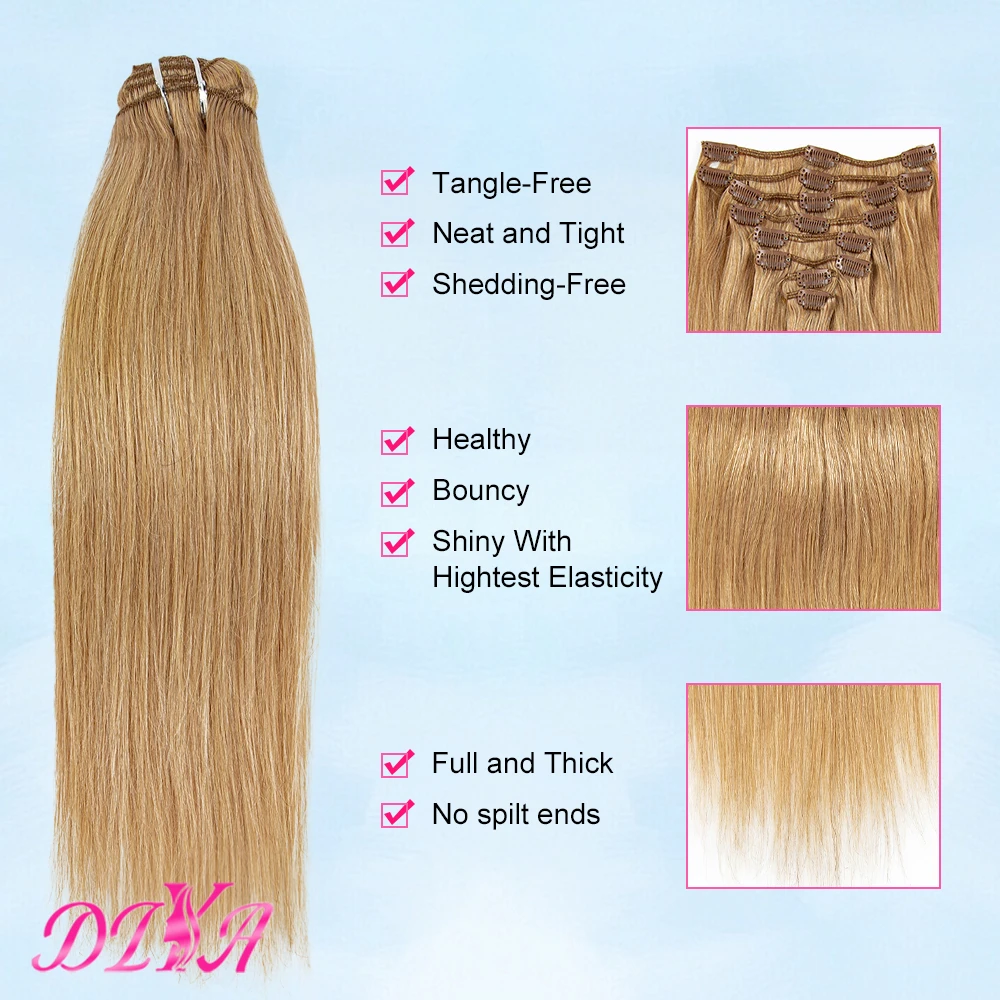 Clip in Human Hair Extension Honey Blonde #27 Straight Clips Hair 100% Human Hair Extension Clip ins for Women 120 Grams Hair