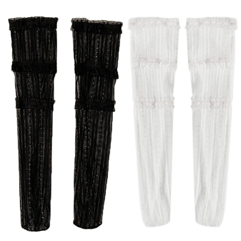 

Women Summer Thin Silky Knee High Socks Japanese 3 Tiered Lace Glitter Striped Harajuku Student Mesh