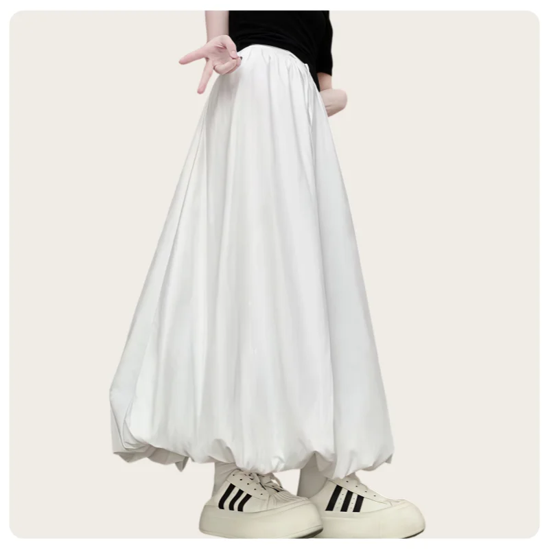 Korean Minimalist Casual Style Women's White, Black, Light Blue Elastic Drawstring Waist A-Line Puffy Hem Ankle-Length Extra-Long Skirt
