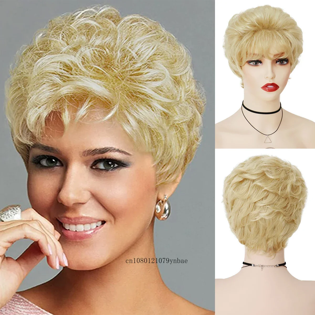 

Synthetic Blonde Wigs for Women Short Curly Pixie Cut Wig with Bangs Mommy Wig Daily Costume Cosplay Halloween Heat Resistant