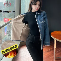 2023 Autumn Winter Thick Fleece Women's Denim Shirts Korean Fashion Jeans Lady Blouse Warm Long Sleeve Loose Female Tops KE3129