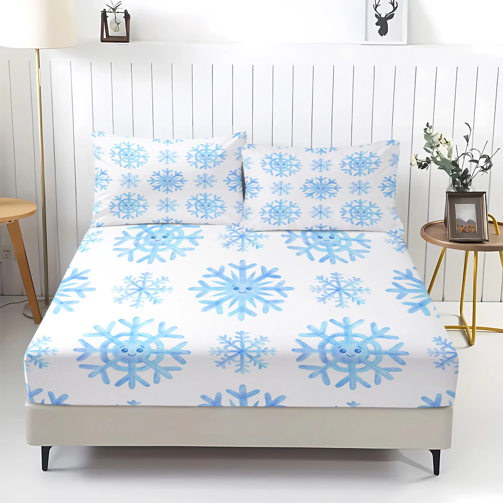 Cute Smiley Blue Snowflake Fitted Sheet Set With Pillowcases Snow Print Mattress Cover Soft Full Elastic Deep Pocket Bed Sheet