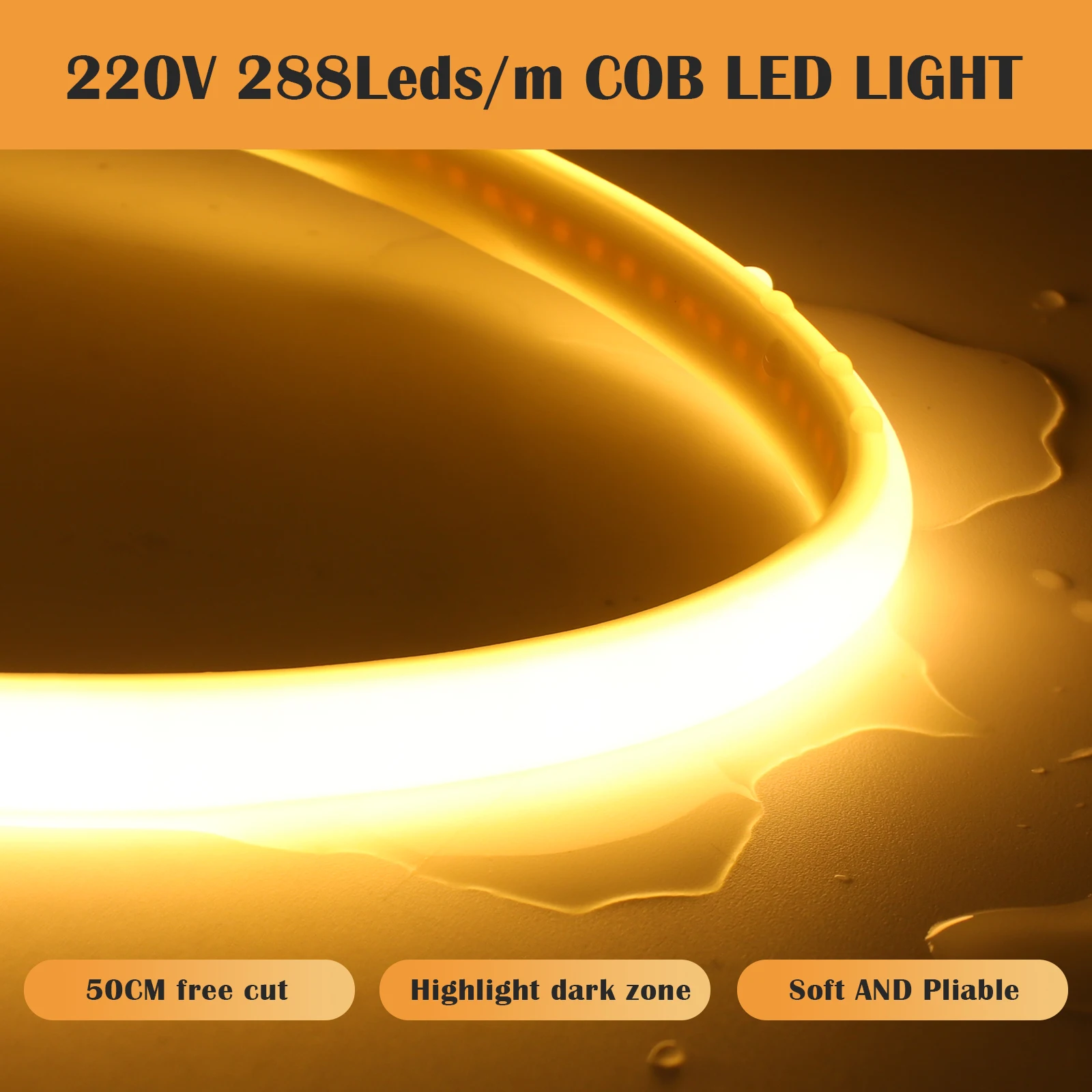 AC 220V COB LED Strip Flexible LED Tape Ribbon IP67 Waterproof Strip Lights 288LEDs/M High Density Linear Light EU UK Plug