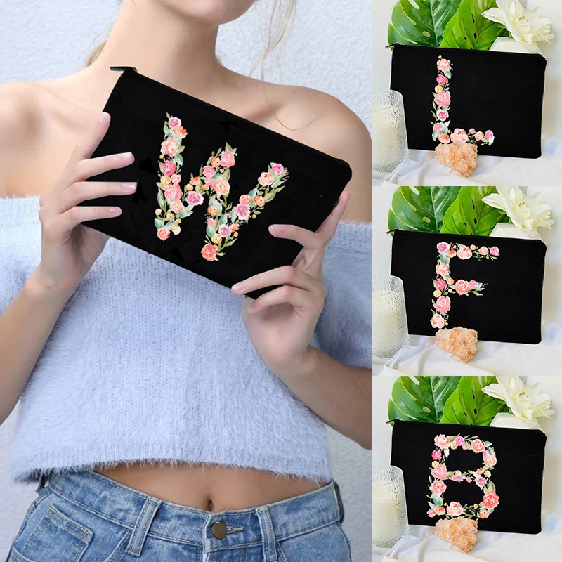 Initials Flower Black Cosmetic Bag Bridesmaid Maid of Honor Make-up Bag Bags Travel Storage Pouch Mujer Bolsas Wristlet Clutch