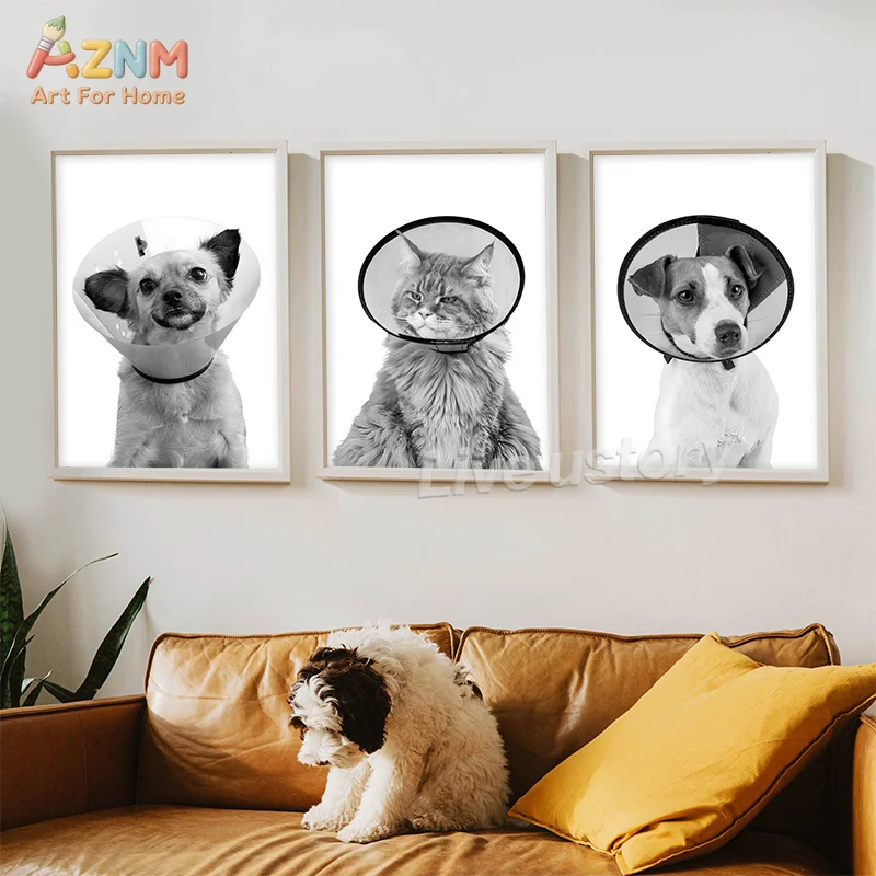 AZNM Black White Vet Clinic Canvas Wall Art Cute Cat Dog Stethoscope Pet Medical Portrait Minimalist Veterinary Unframed Canvas