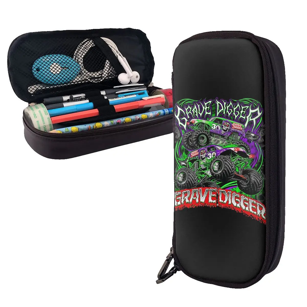 Estuche de cuero para lápices con diseño de Monster Jam Grave Digger Monster Truck, bolsa de almacenamiento para lápices, caja para lápices, bolsa para lápices para estudiantes y escuela