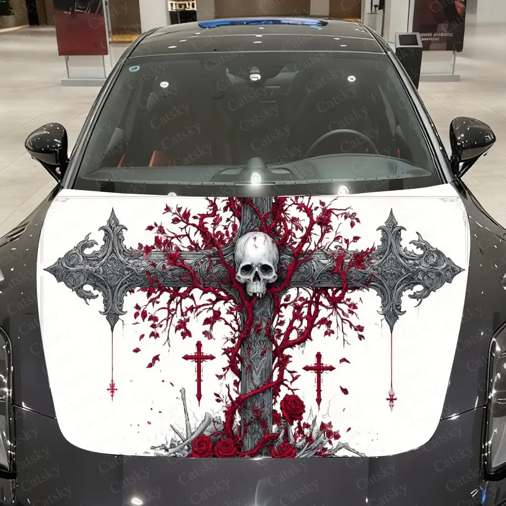 

Dark Silver Carved Cross & Skull Car Vinyl Wrap, PVC Waterproof Car Hood Sticker, Self-Adhesive Scratch-Resistant Stickers