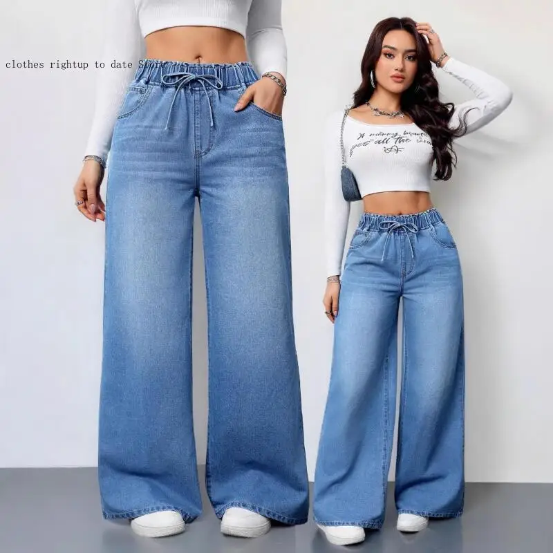 Elastic Waist Women's Straight Leg Wide Leg Jeans Washed Vintage Casual Minimalist Denim Trousers Loose Casual Basic Pants