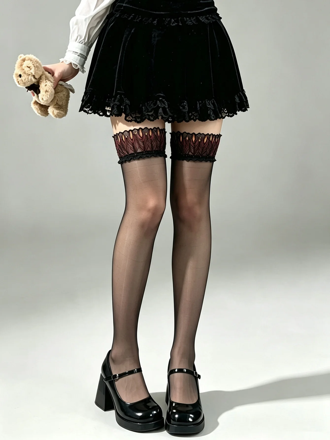 Women's Black Sheer Thigh High Stockings with Red Feather Embroidery Lace Top, Retro Sexy Style Hosiery for Evening & Party Wear