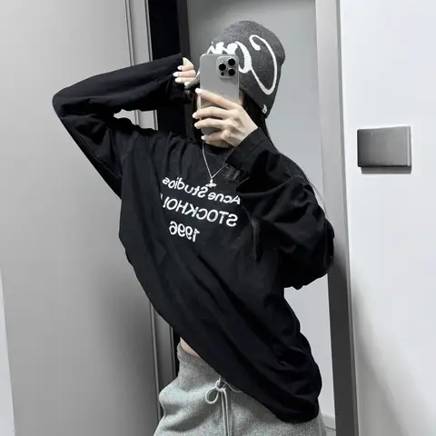 Early Autumn Women's American Long-Sleeved Black T-Shirt Women's  New Loose Niche Design Early Autumn Top Bottoming