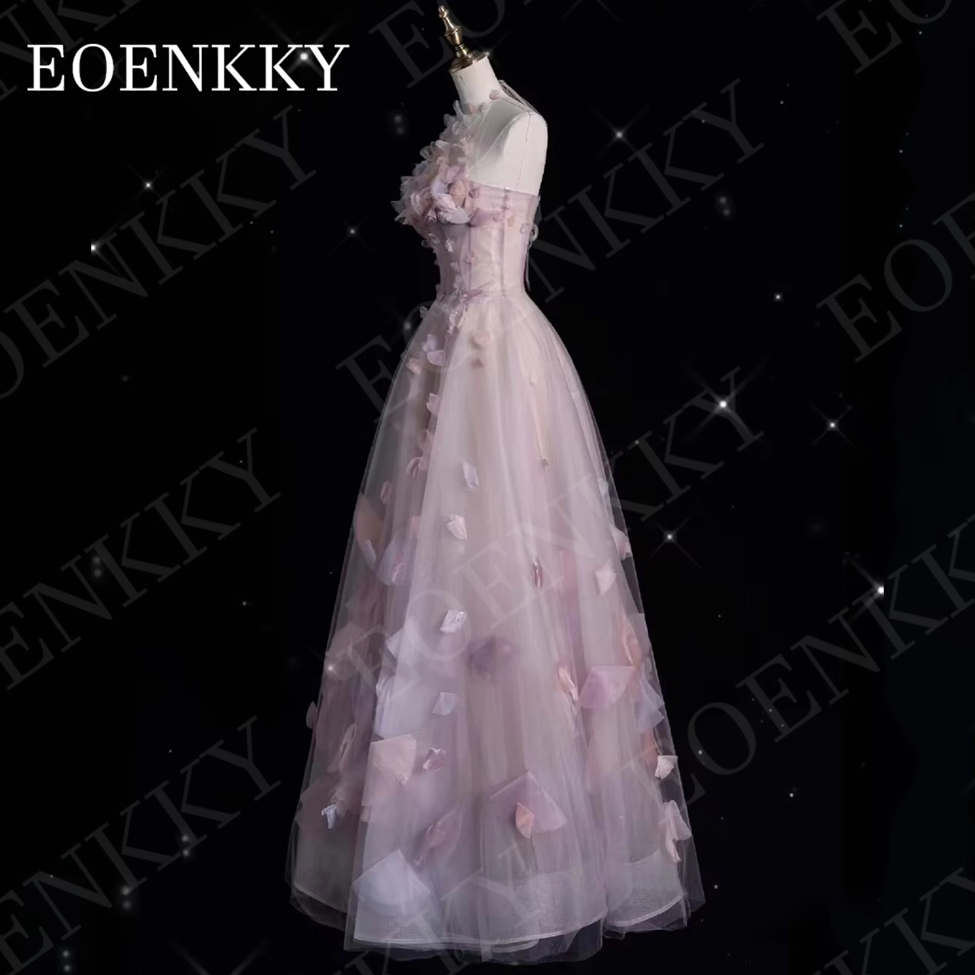 EOENKKY Luxury Strapless Prom Dress 2024 Elegant 3D Flowers A Line Tulle Graduation Dresses Floor Length Birthday Backless Women