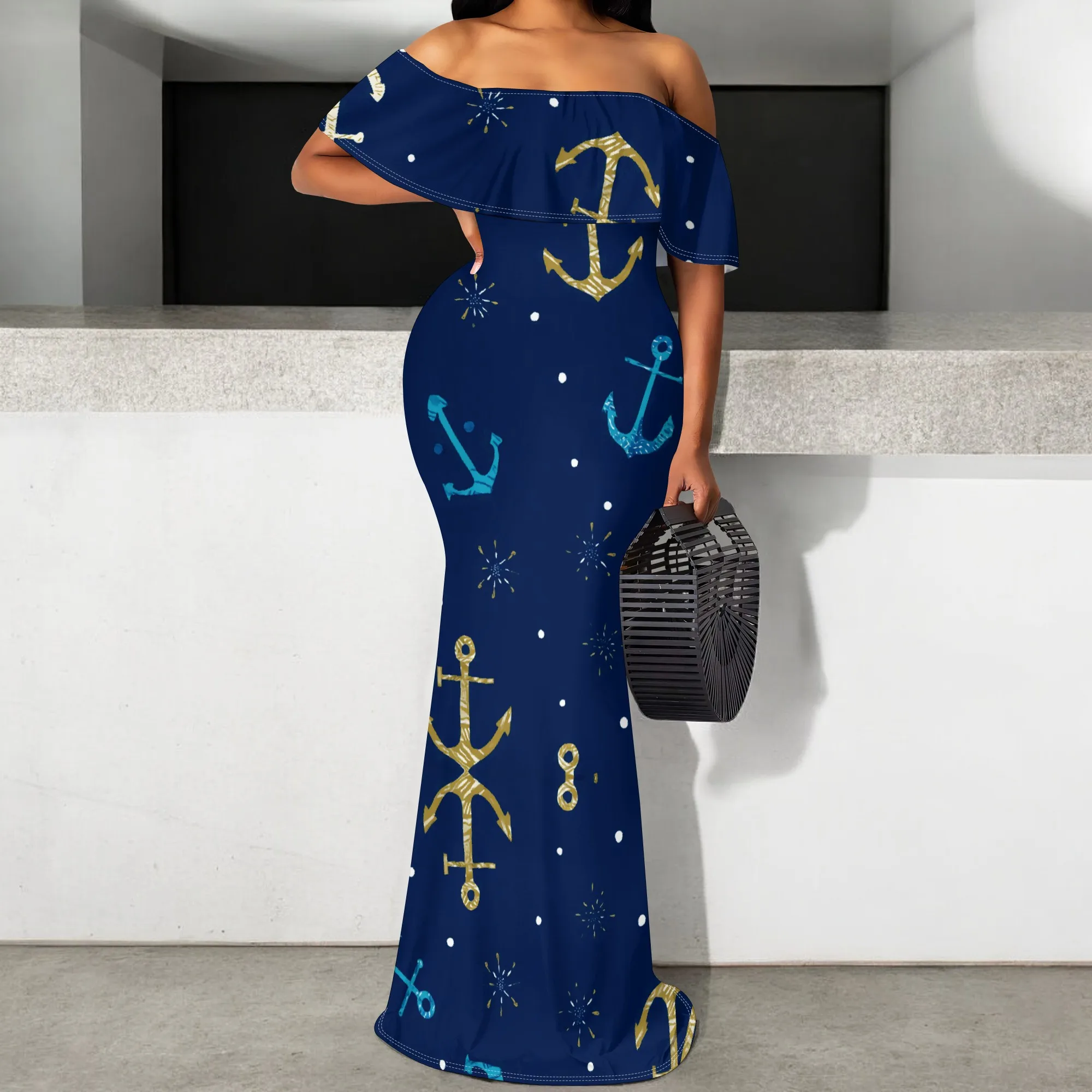 

Off-Shoulder Anchor Print Maxi Dress for Women, Nautical Theme Summer Dress, Beach & Vacation Ready, Sizes S-3XL