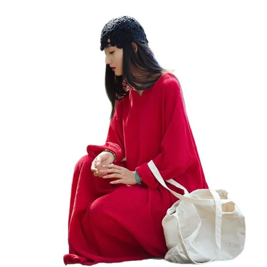 Elegant Vintage Fairy Long Dress Autumn Winter V-Neck Textured Raw Linen Double-Layered Robe with Large Hem Loose Fit