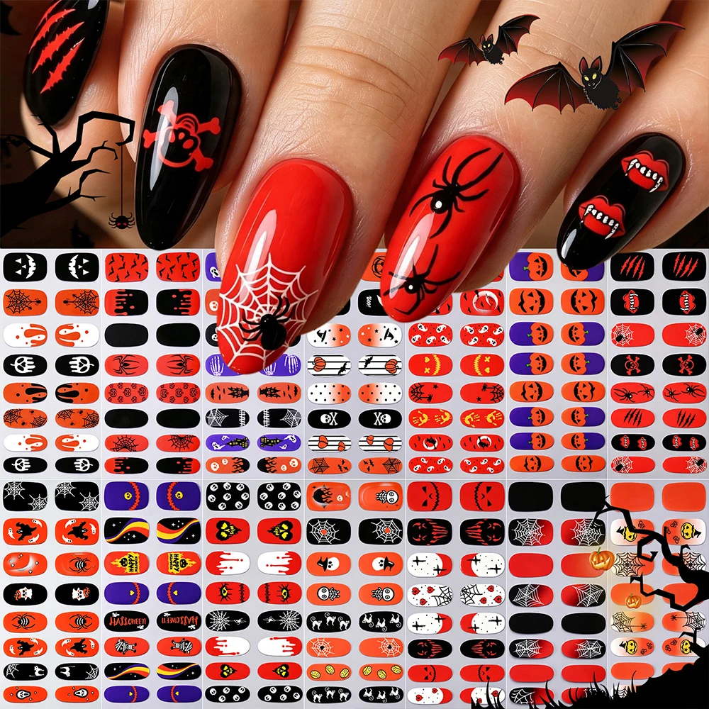 16Tips Luminous Ghost Bat Spider Pumpkin Nail Wraps Halloween Series Full Cover Nail Polish Sticker Baking-Free Manicure Decals#