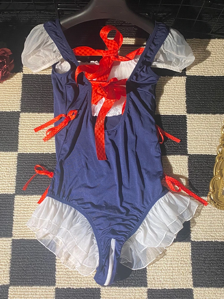 Women's Sexy Lingerie Hollow Out Lolita Embroidery Lace Split Dress Suit Mesh Sheer Traditional Embroidered Stripe Cheongsam Set