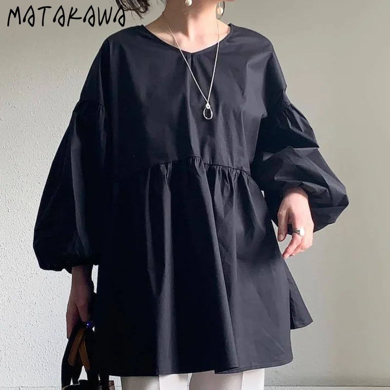 Matakawa camicette donna top Solid Lantern Sleeve allentato stile giapponese primavera autunno camicie Office Lady Elegant Blusas Feminina