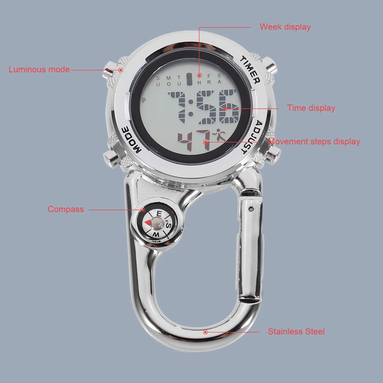 1Pcs Multi Function Carabiner Watch Outdoor Hanging Digital Watch with Compass Time Date Display for Camping Hiking Climbing