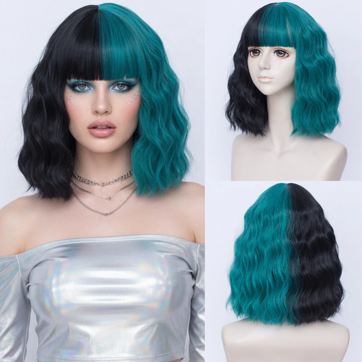 Black Green Split Color Short Curly Bob Wig with Bangs Heat Resistant Synthetic Hair Wig For Daily Party Cosplay
