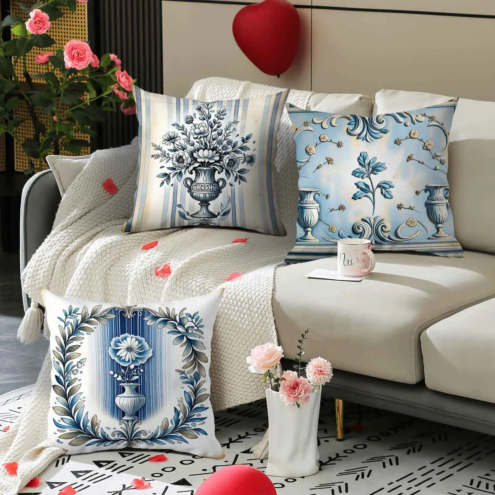 Blue and white porcelain floral design printing pillow cover Short plush Suitable living room bedrooms sofas throw cushion cover