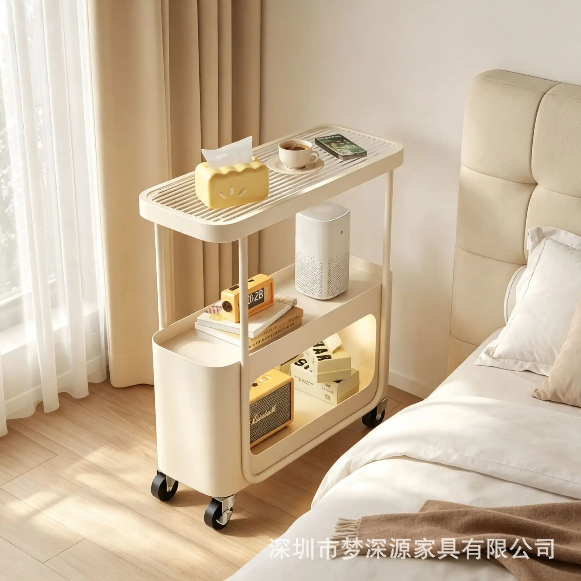 Milky white mobile trolley universal wheel cream wind bedroom bedside crevice snacks cosmetics storage rack