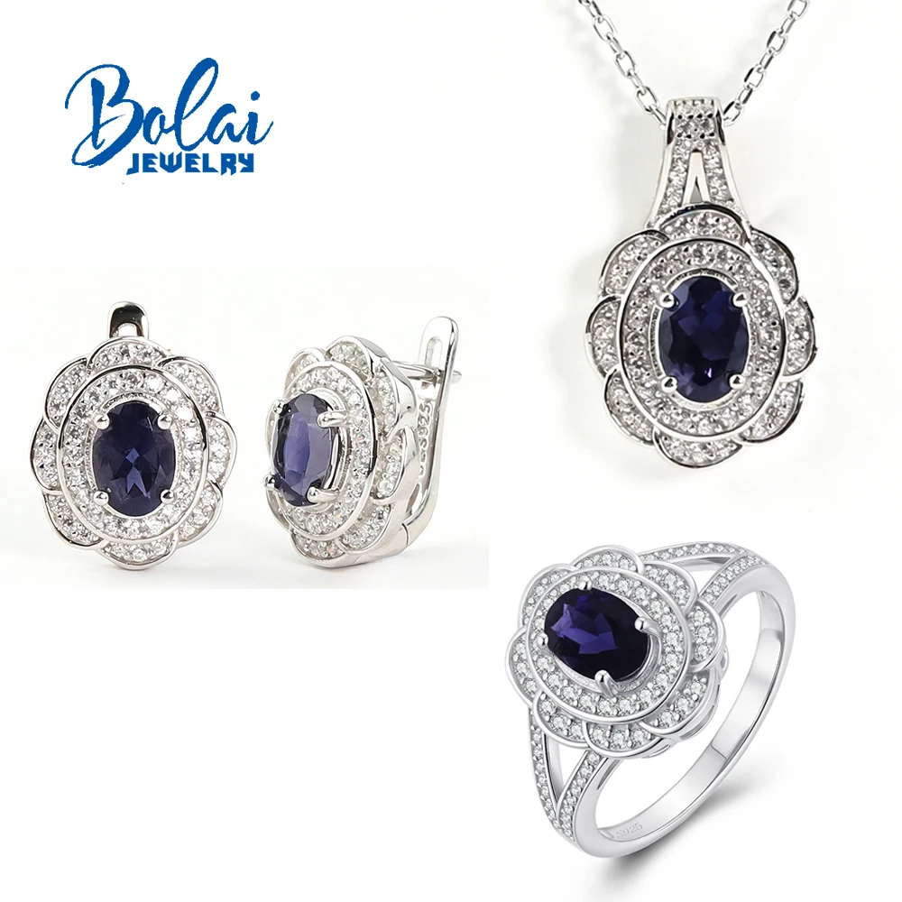 Simple 925 Sterling Silver Natural Lolite Ring Earrings Pendant Necklace Set Fashion Gemstones Women's Birthday Exquisite Gift