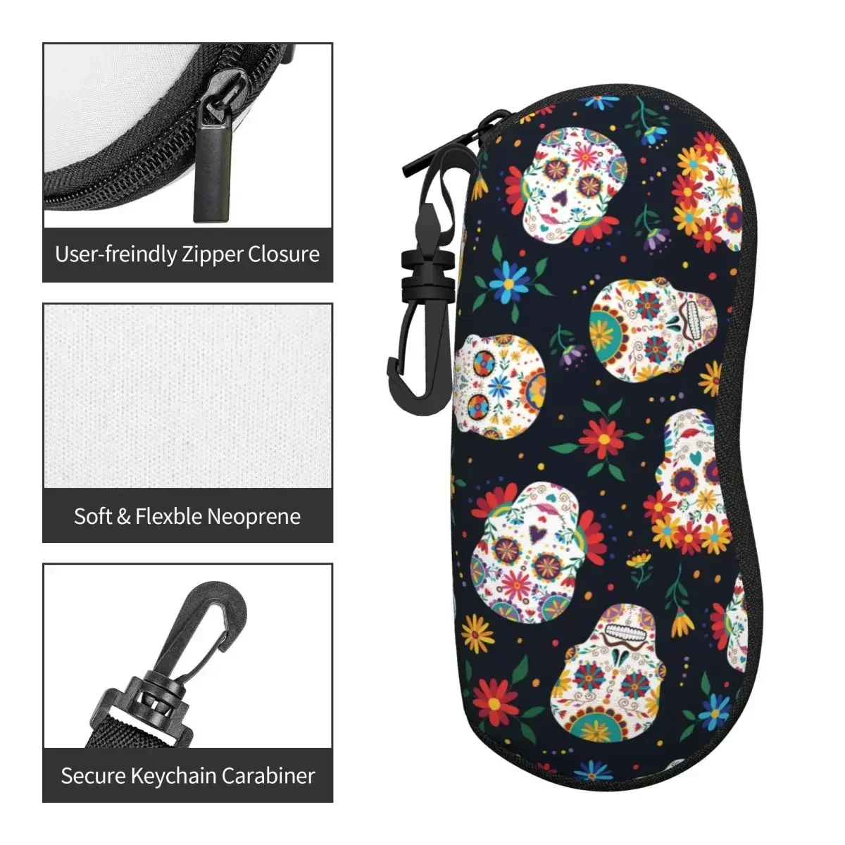 حافظة نظارات يوم الموتى على شكل جمجمة السكر للجنسين، صندوق تخزين نظارات هيكل عظمي مكسيكي للهالوين، صندوق نظارات شمسية #3