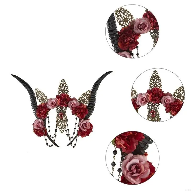

Sheep Horn Gothic Headband Steampunk Devil Horns Rose Flowers Decorations for Halloween Photo Props 6XDA
