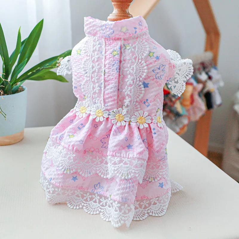 Floral Summer Clothes for Small Dogs Short Sleeve Lace Pink Sphinx Cat Dresses Princess Party Wear Breathable Pet Clothing