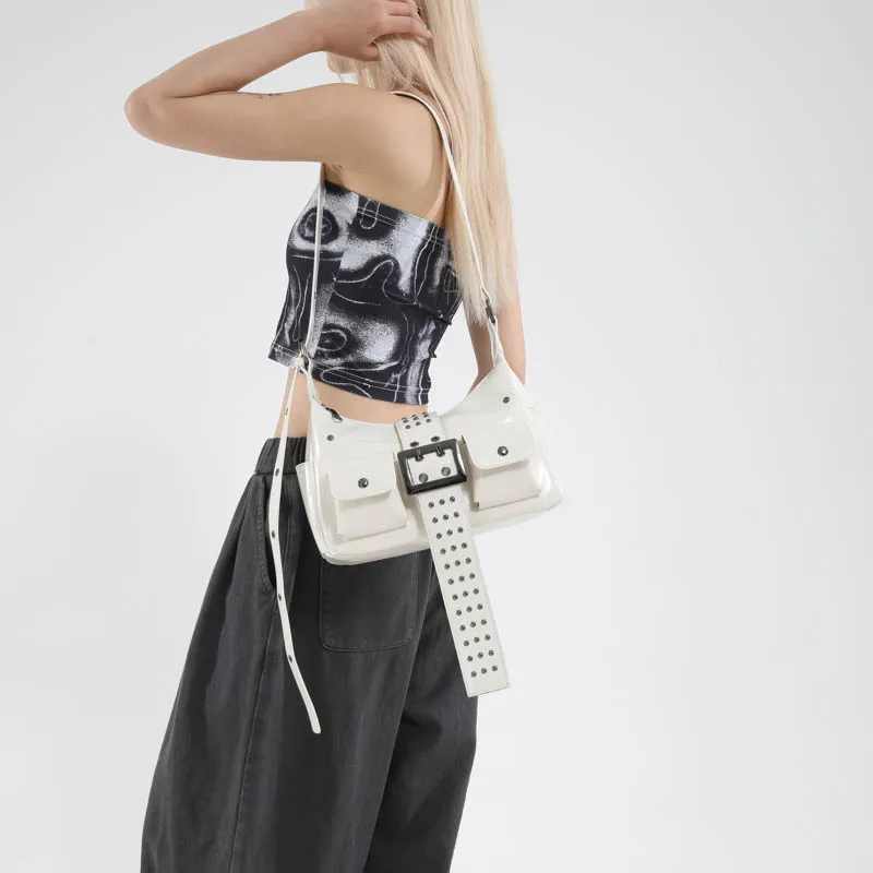 2025 جديد لامع الصلبة بولي Hot فتاة نمط حقائب كتف المسامير جيوب متعددة المألوف الساخن العصرية حقائب كروسبودي للنساء #4