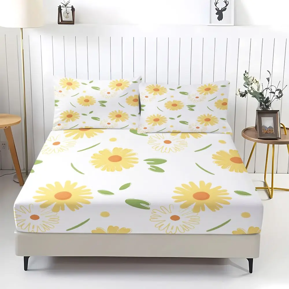 Cute Hand Drawn Daisy Floral Print Fitted Sheet Set Bed Sheet Set Bedding Set No Fillers Cottage Dorm Bedroom Bedding Decor