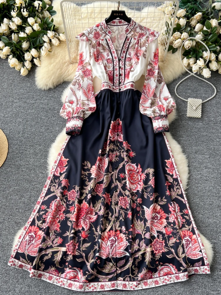 2024 Vestidos De Mujer Autumn Floral Dresses for Women V-neck Lantern Sleeve Robe Femme Vintage Slim Waist Temperament Dress Wj