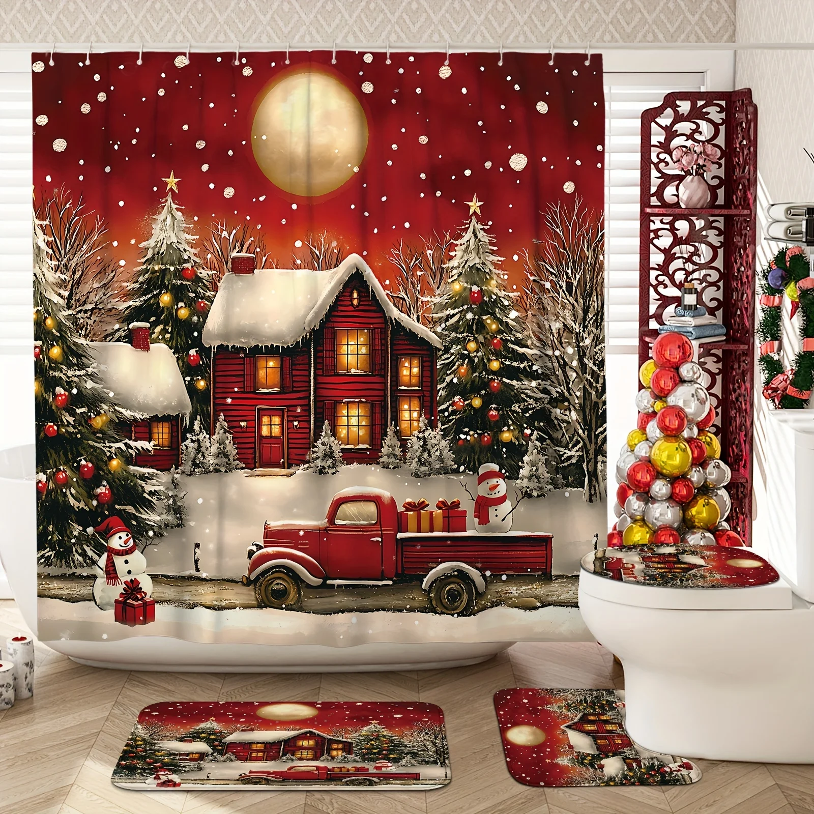 4Pcs Xmas Bath Set, Snowman Truck & Snowflakes, Red Green Design, 12 Hooks, Non-Slip Mat, U-Shaped Cover, Holiday Gift