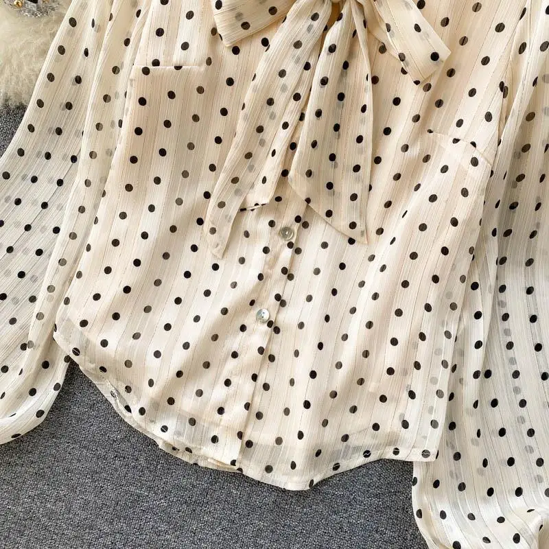 Beige Polka Dot Bow Neck Elegant Chiffon Long Sleeve Loose Women\'s Blouse Shirt Korean Fashion Female Clothing Tops Spring 2024