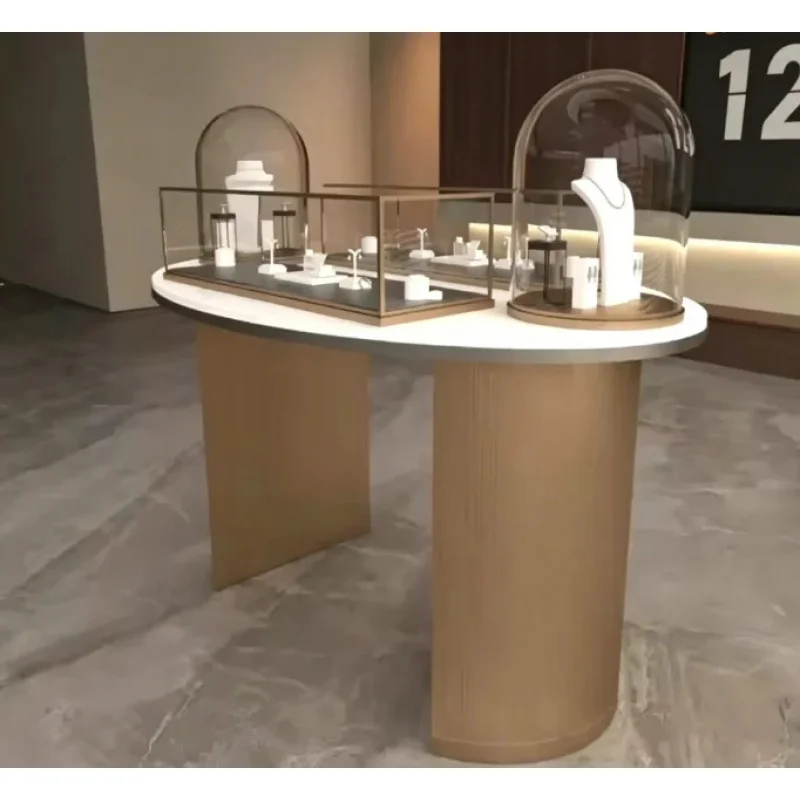 custom.Luxury Modern LED Lit Tempered Glass Metal MDF Jewelry Retail Display Booth Design Fixture Wooden Showcase