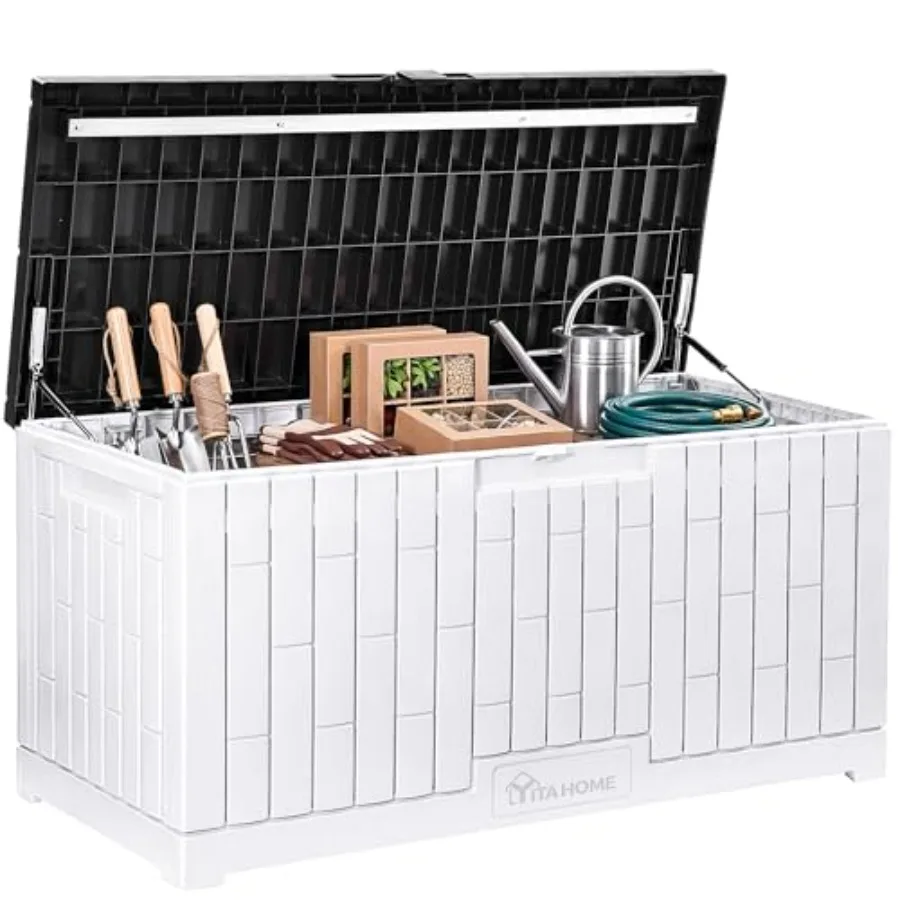 120 Gallon Outdoor Storage Deck Box in Grayish-White Resin Waterproof Large Patio Storage with Slide-Locking Lid 2-Person Bench