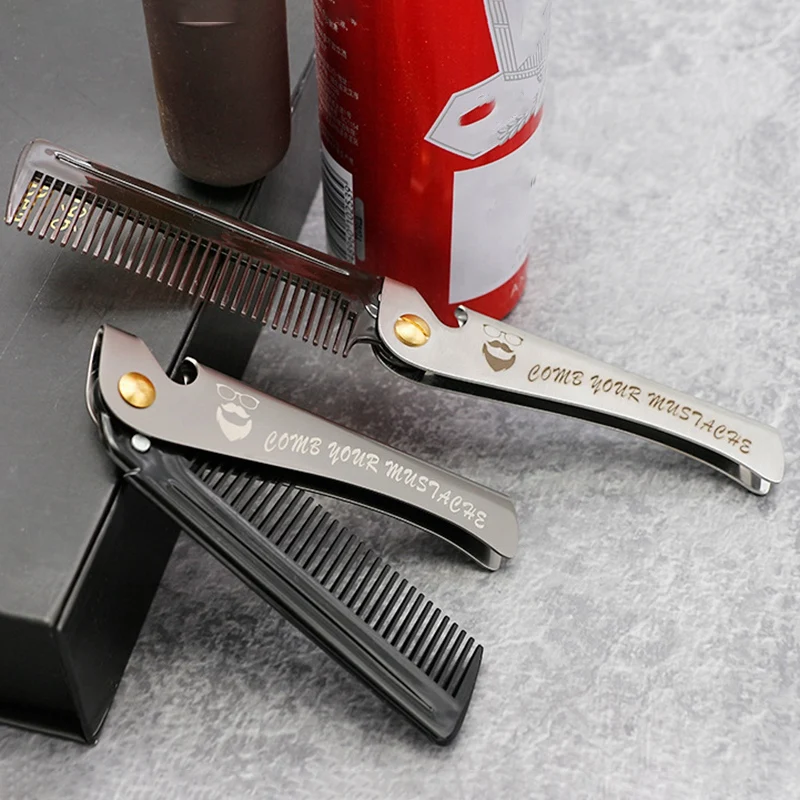 1 Pcs Men Folding Pocket Comb PP Teeth Detangling Hair Beard Comb Metal Handle Foldable Combing Facial Mustache Comb