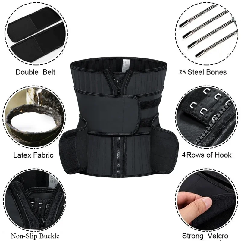 Women Detachable Double Belt Slimming Belly Sheath Long Torso Latex Waist Trainer Body Shaper Shapewear Reductive Girdle Zipper