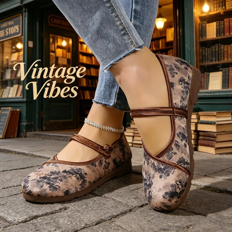 Women Retro Mary Jane Shoes New Fahion Printed Slip on Ballet Flats Woman Soft Sole Comfort Casual Dress Shoes  Zapatos Mujer