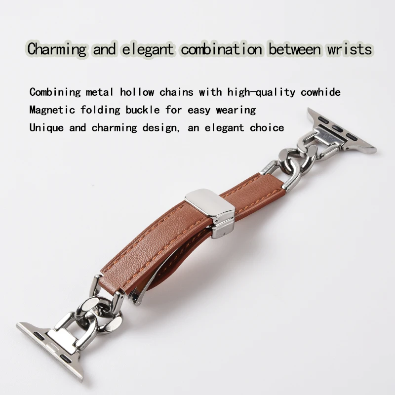 Chain+Leather Strap For Apple Watch Ultra band 49mm 45mm 41mm Women Narrow bodyMagnetic Bracelet iWatch Series 9 8 7 SE 6 5 4 3