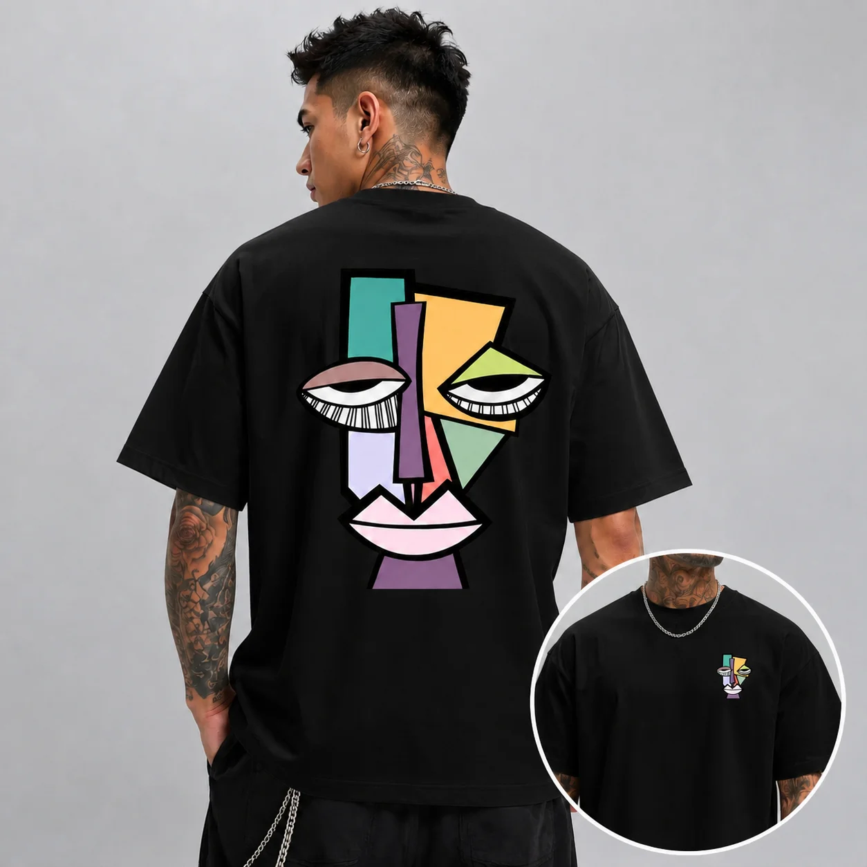 Picasso-style Cubist print 100% cotton men's and women's T-shirt, casual daily outdoor sports street short sleeve