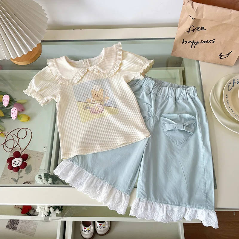 

2025 Summer New Baby Girls Outfit Set Cute Lace Tees and Casual Pants Kids Clothes Girls