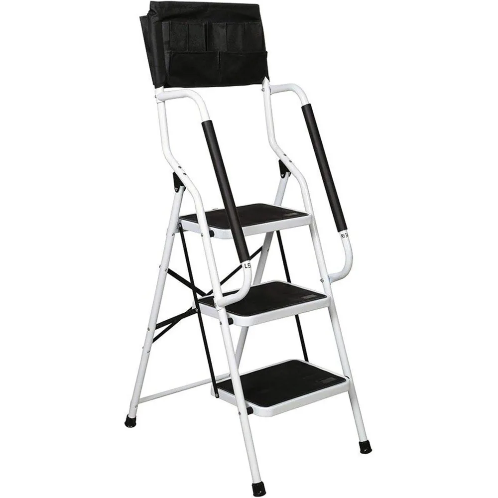 

3 Step Ladder with Handrails 500 lb Capacity Step Stool Folding Ladders for Home Kitchen Steel Frame with Safety Side